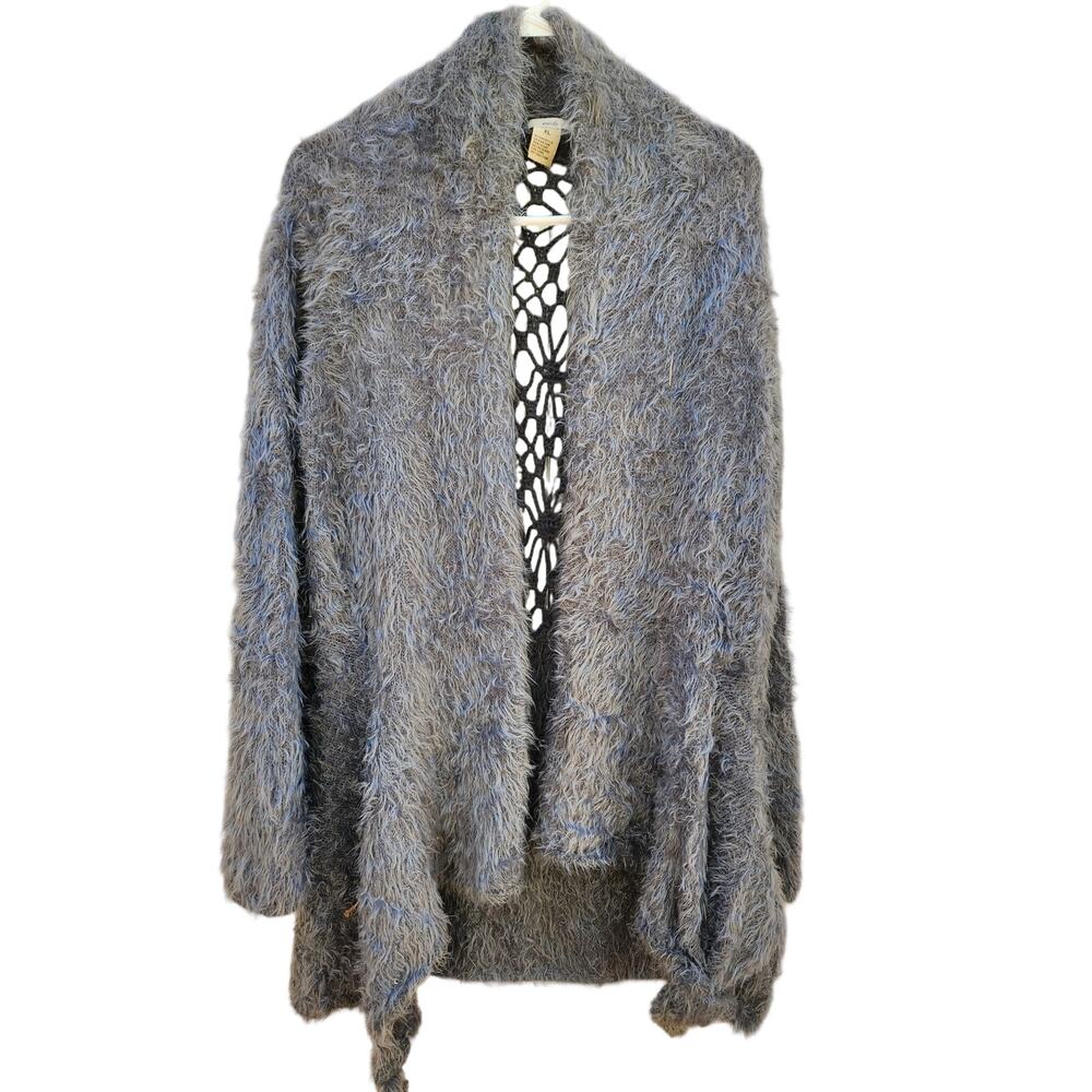 Escio Fuzzy Eyelash Sweater Cardigan XL Gray Open Knit Bohemian Duster